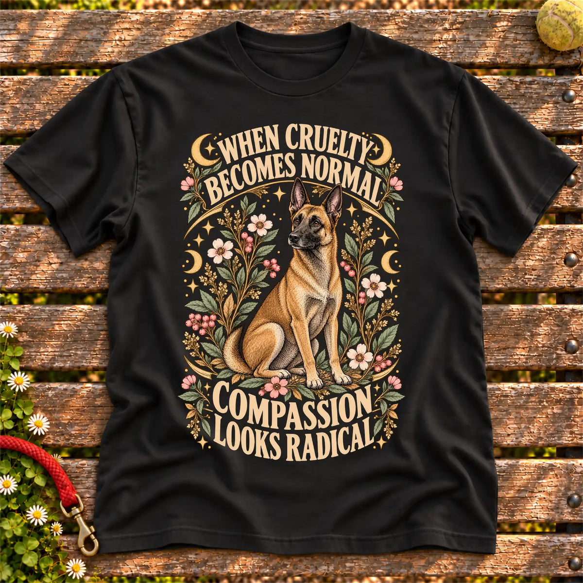 Compassion Looks Radical Belgian Malinois design on a Black Gildan T-shirt