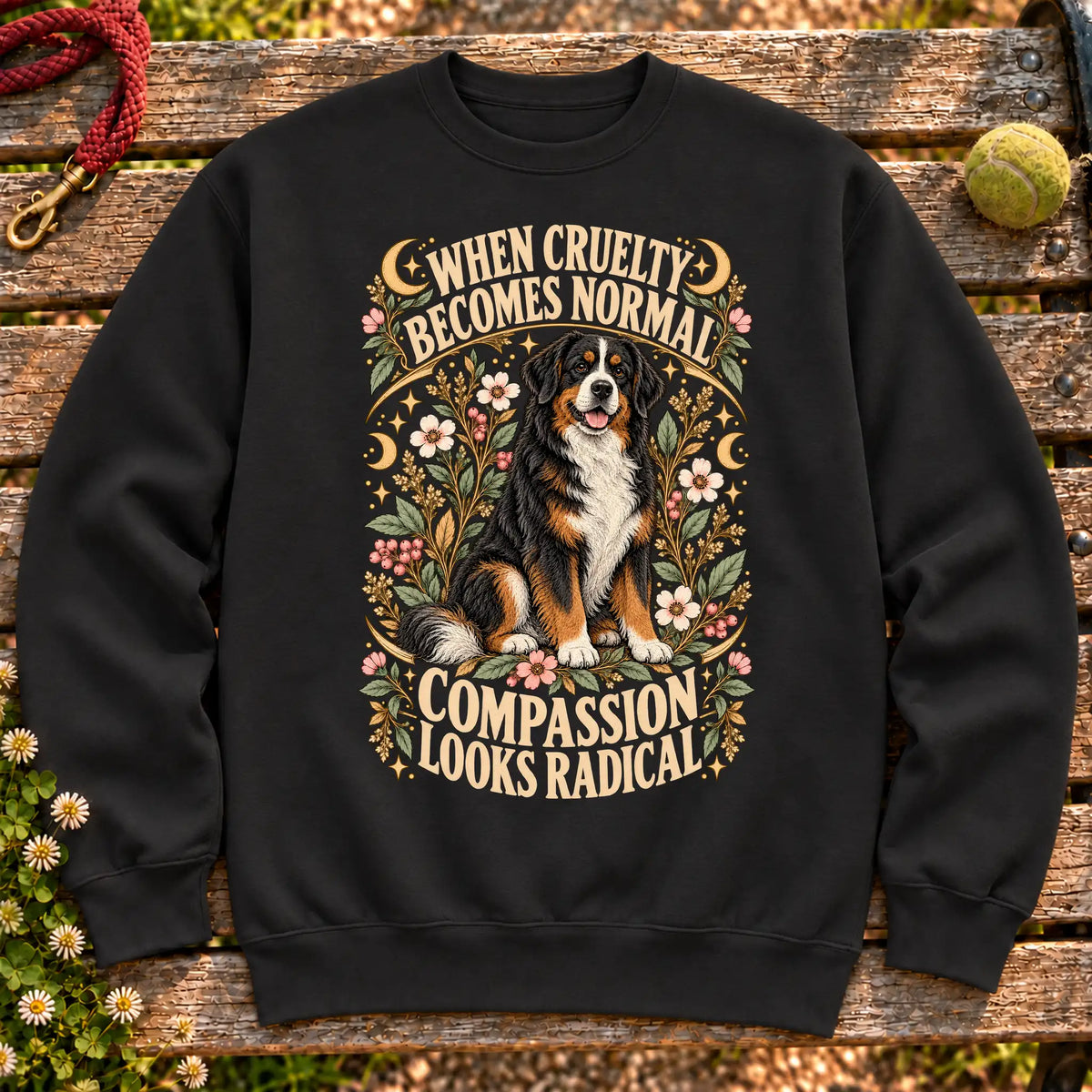 Compassion Looks Radical Bernese Mountain Dog design on a Black Gildan sweatshirt