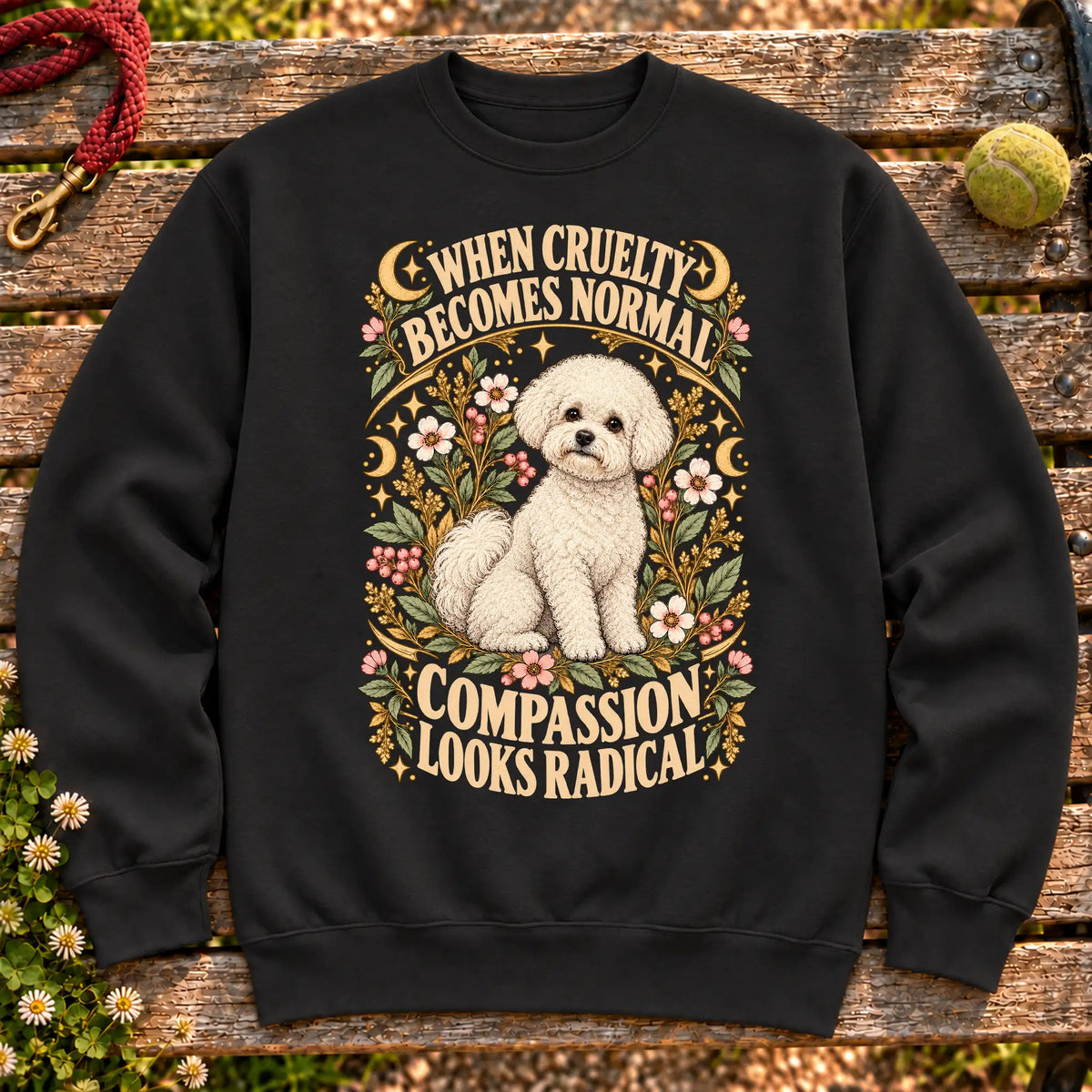 Compassion Looks Radical Bichon Frise design on a Black Gildan sweatshirt
