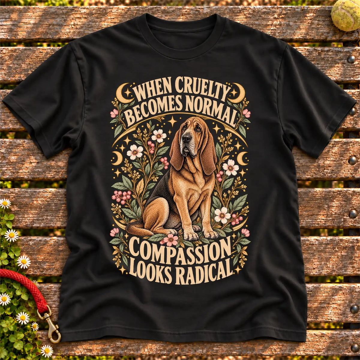 Compassion Looks Radical Bloodhound design on a Black Gildan T-shirt