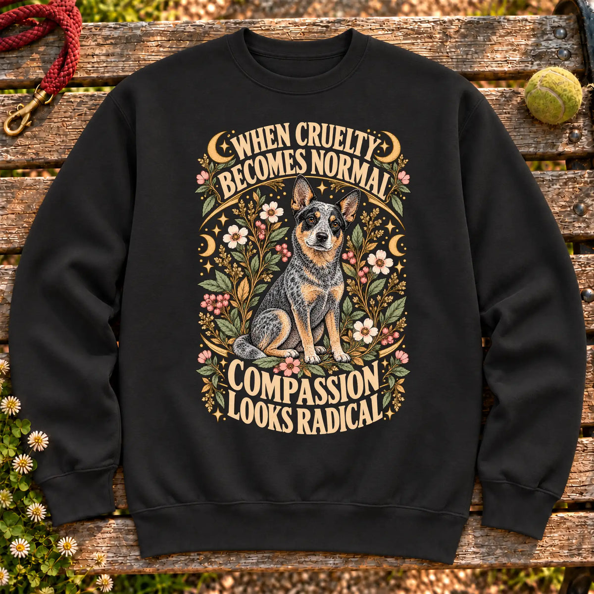 Compassion Looks Radical Blue Heeler design on a Black Gildan sweatshirt