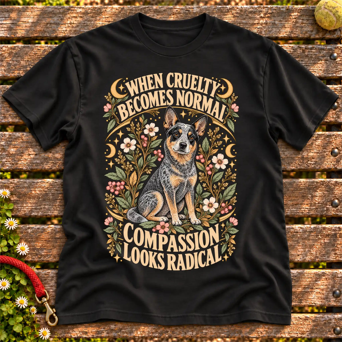 Compassion Looks Radical Blue Heeler design on a Black Gildan T-shirt