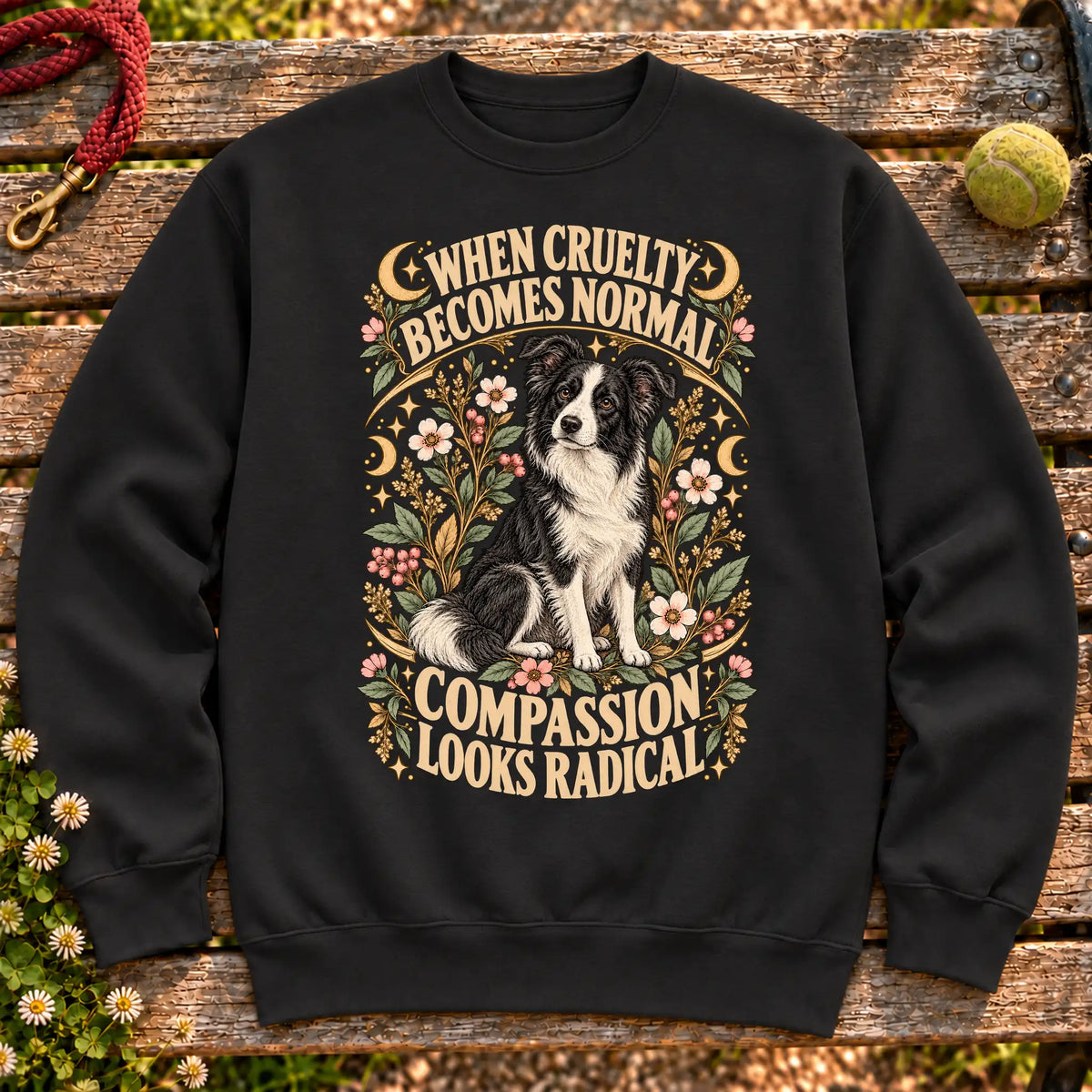 Compassion Looks Radical Border Collie design on a Black Gildan sweatshirt
