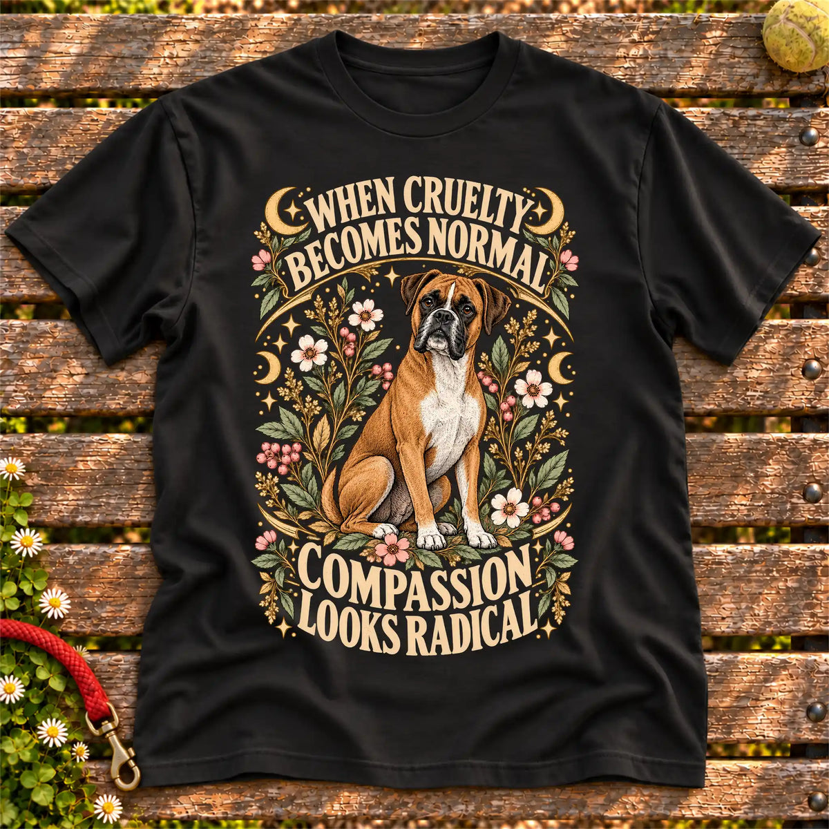 Compassion Looks Radical Boxer design on a Black Gildan T-shirt