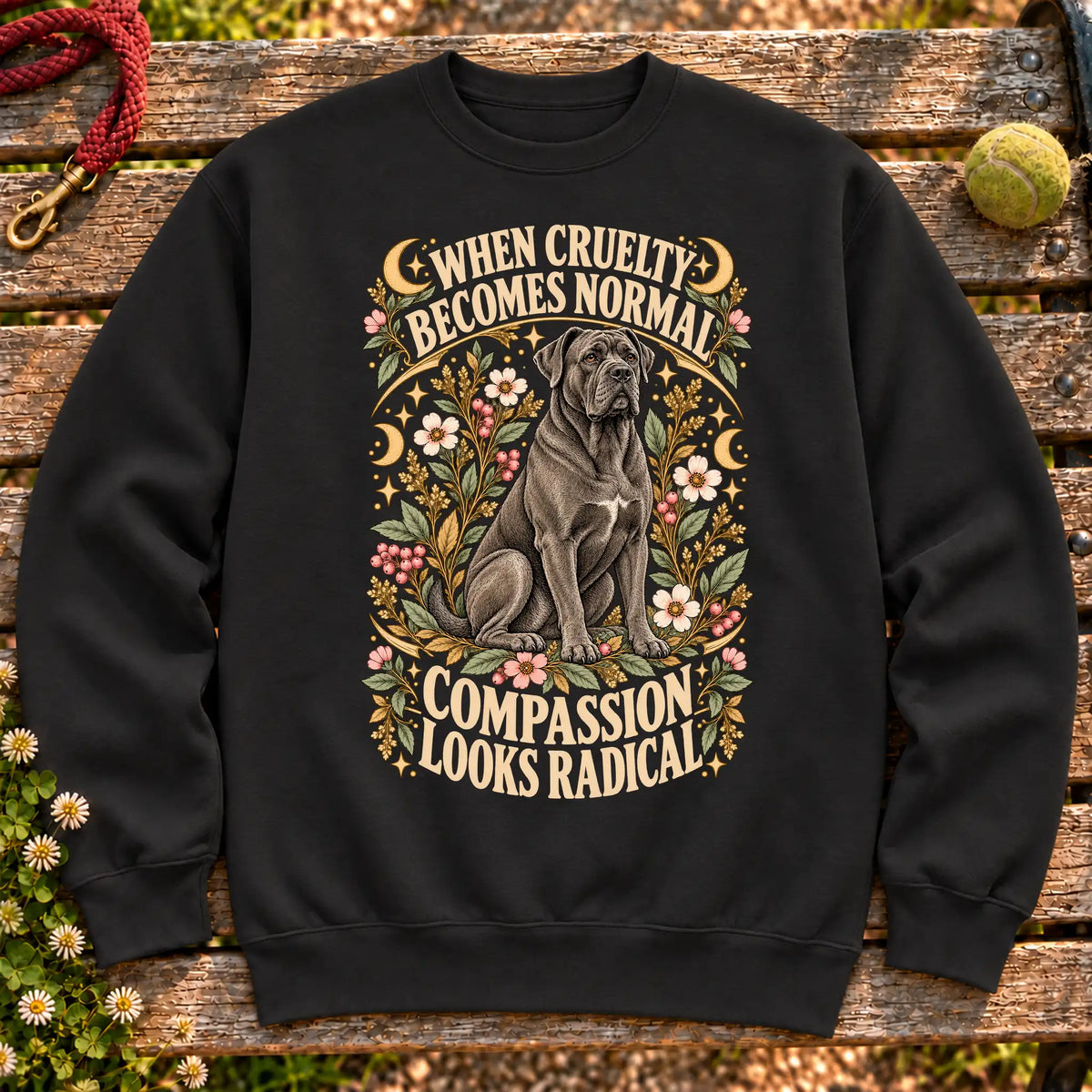 Compassion Looks Radical Cane Corso design on a Black Gildan sweatshirt