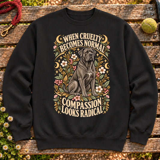 Compassion Looks Radical Cane Corso design on a Black Gildan sweatshirt