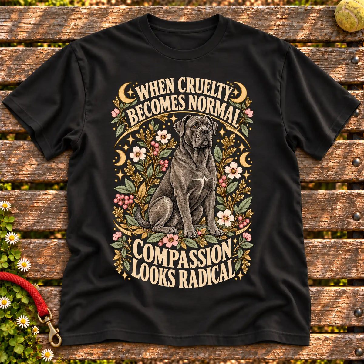 Compassion Looks Radical Cane Corso design on a Black Gildan T-shirt