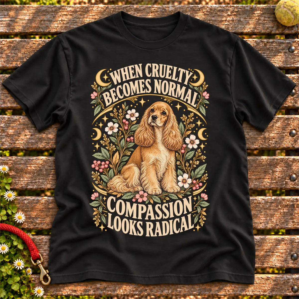 Compassion Looks Radical Cocker Spaniel design on a Black Gildan T-shirt