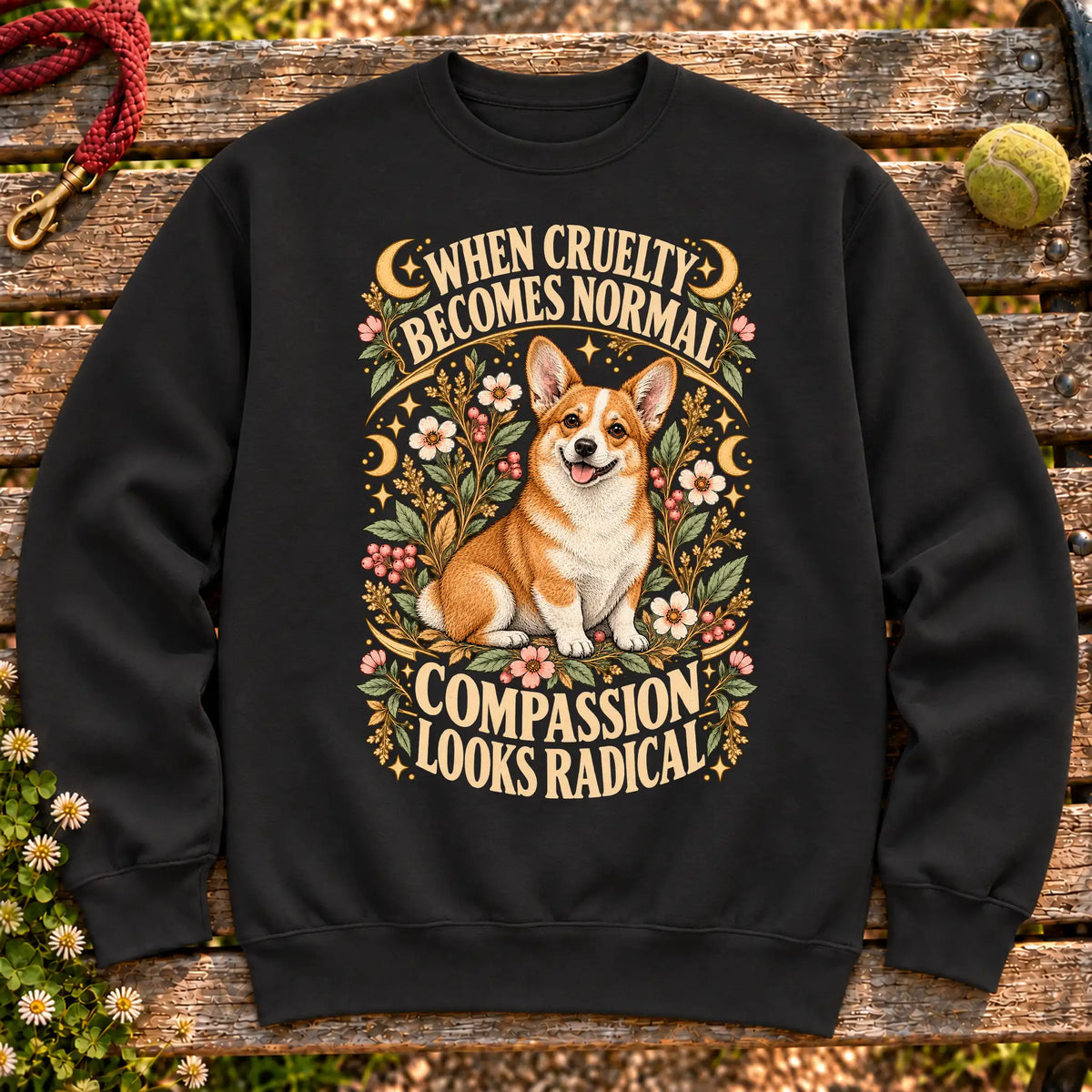 Compassion Looks Radical Corgi design on a Black Gildan sweatshirt