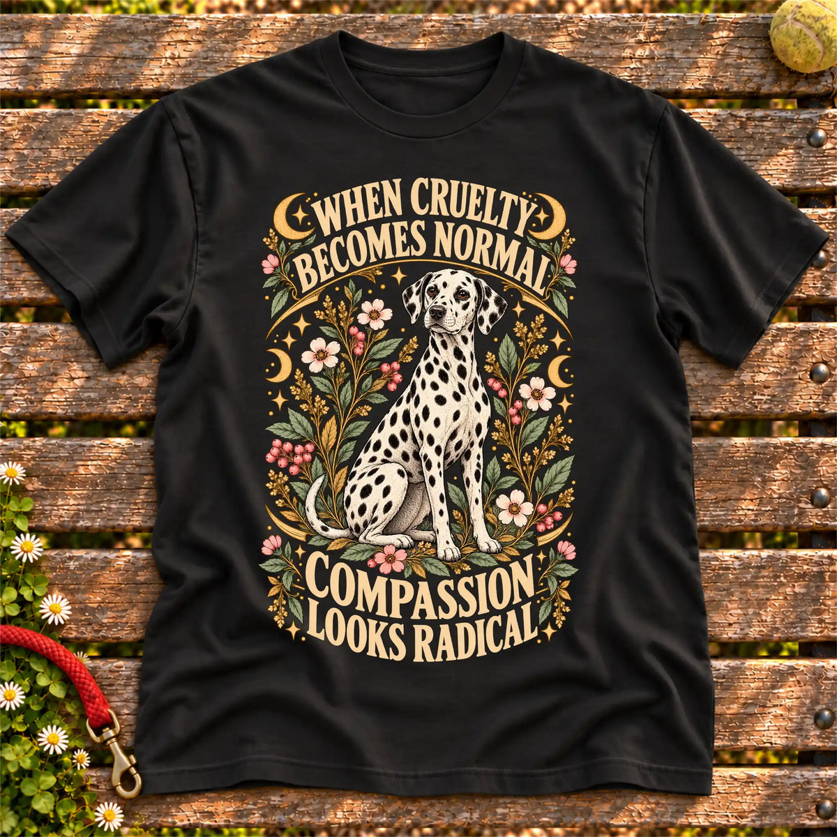 Compassion Looks Radical Dalmatian design on a Black Gildan T-shirt