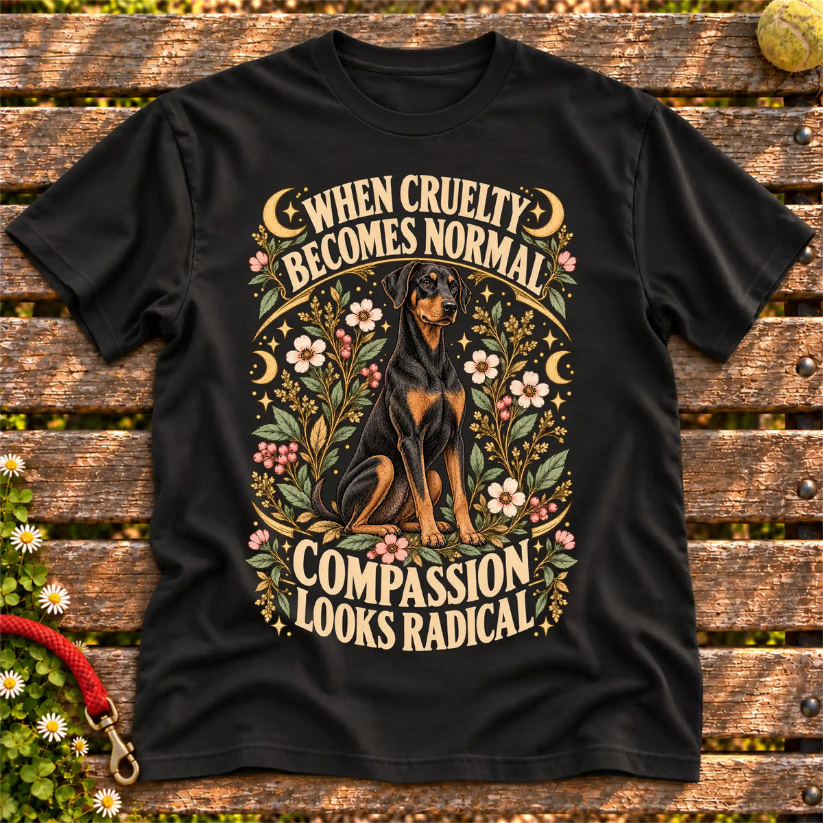 Compassion Looks Radical Doberman design on a Black Gildan T-shirt