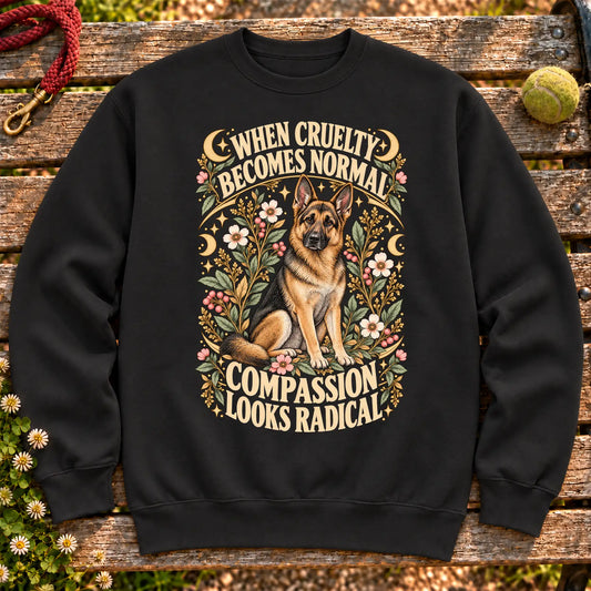 Compassion Looks Radical German Shepherd design on a Black Gildan sweatshirt