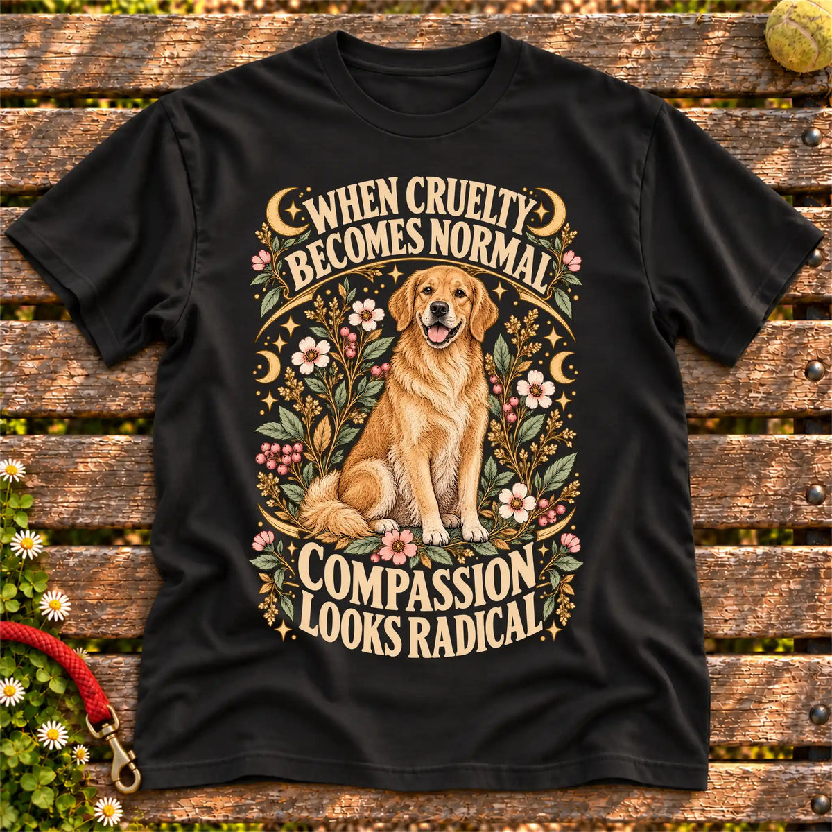 Compassion Looks Radical Golden Retriever design on a Black Gildan T-shirt