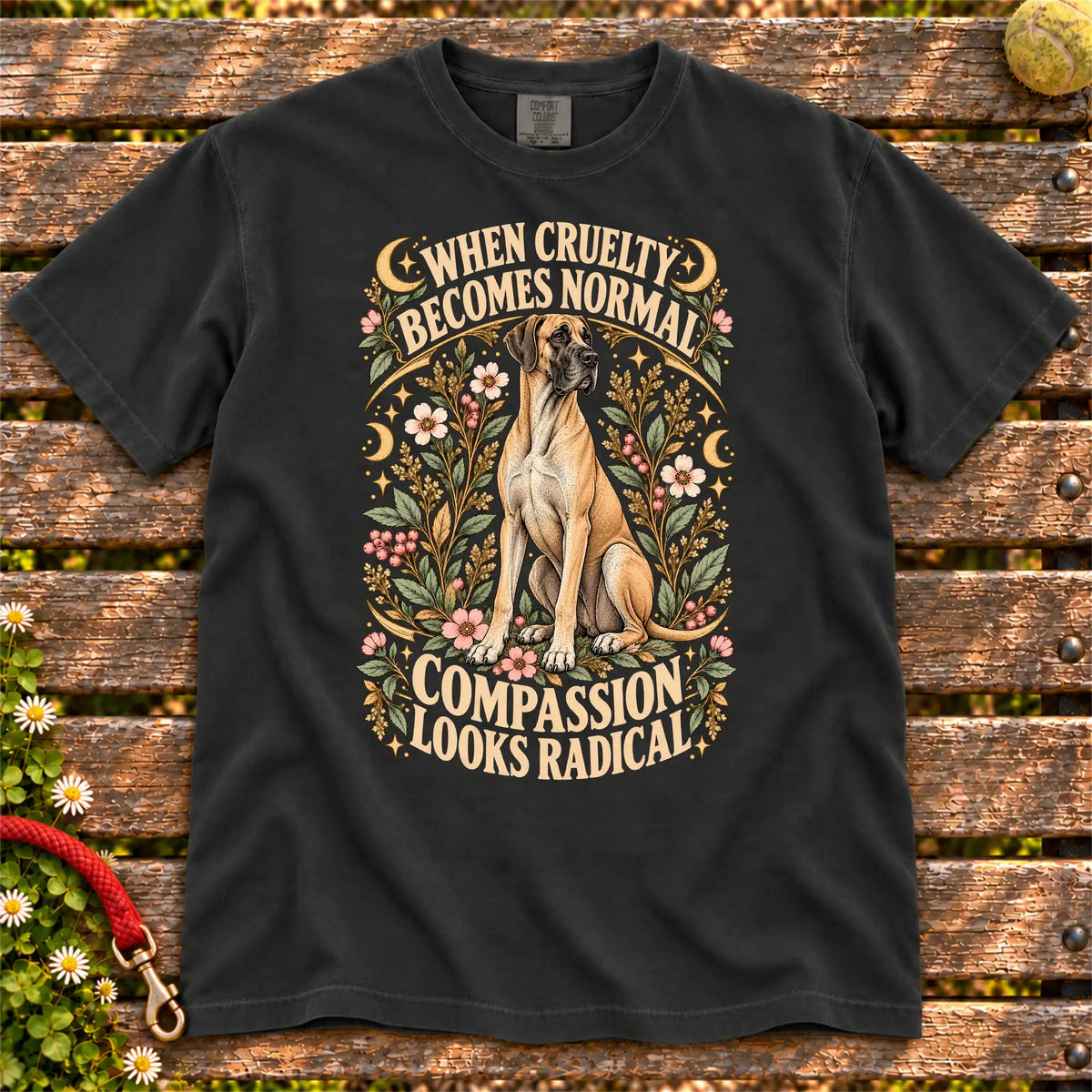 Compassion Looks Radical Great Dane design on a Black Comfort Colors T-shirt