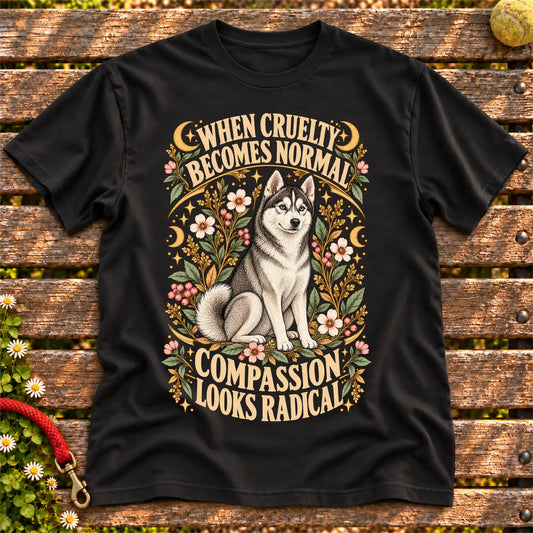 Compassion Looks Radical Husky design on a Black Gildan T-shirt
