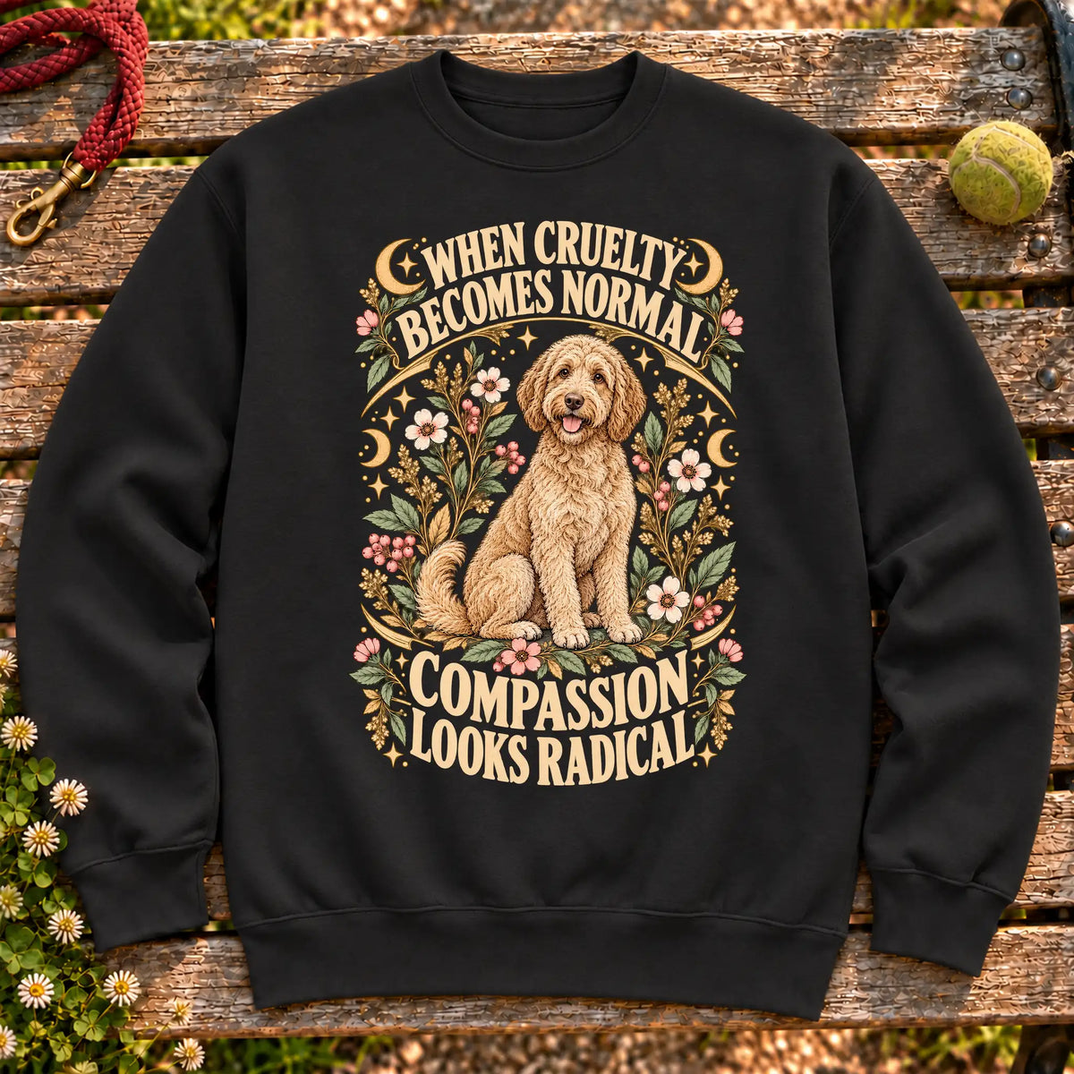 Compassion Looks Radical Labradoodle design on a Black Gildan sweatshirt