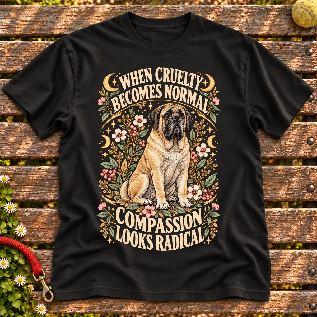 Compassion Looks Radical Mastiff design on a Black Gildan T-shirt