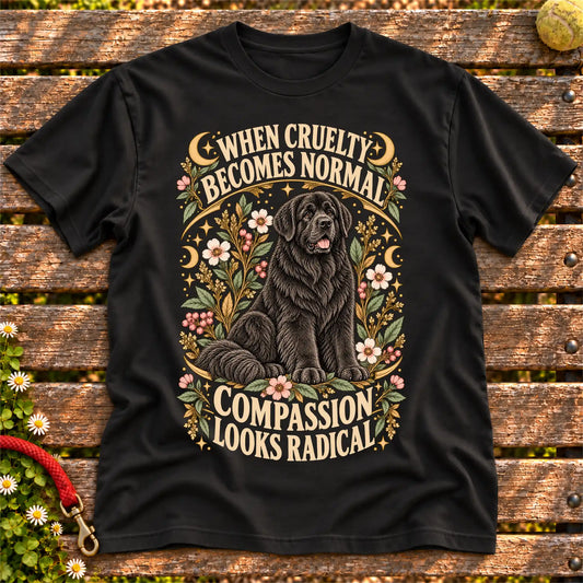 Compassion Looks Radical Newfie design on a Black Gildan T-shirt