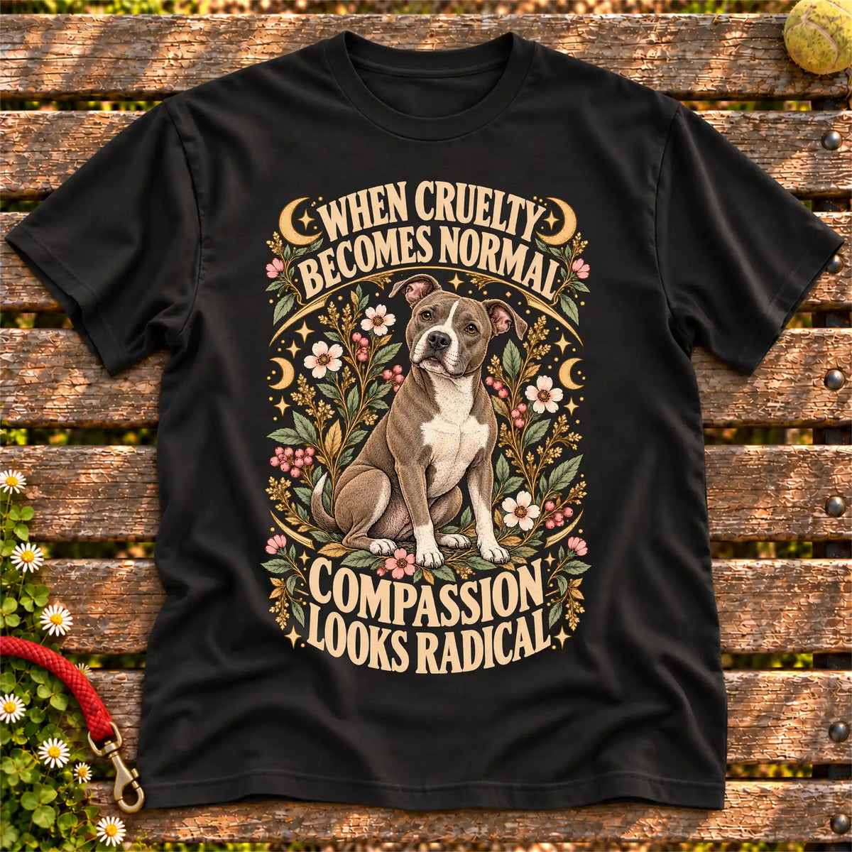 Compassion Looks Radical Pitbull design on a Black Gildan T-shirt