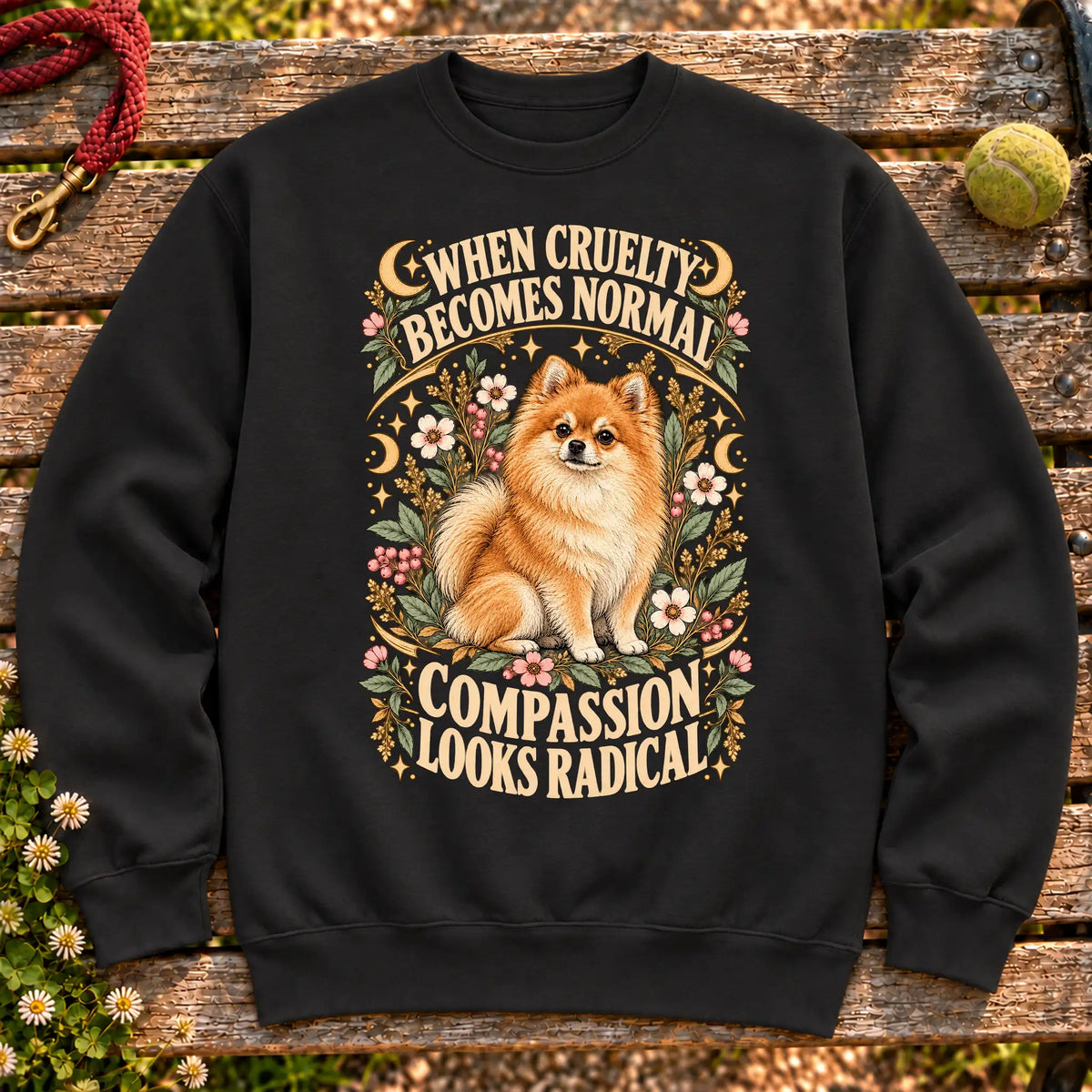 Compassion Looks Radical Pomeranian design on a Black Gildan sweatshirt