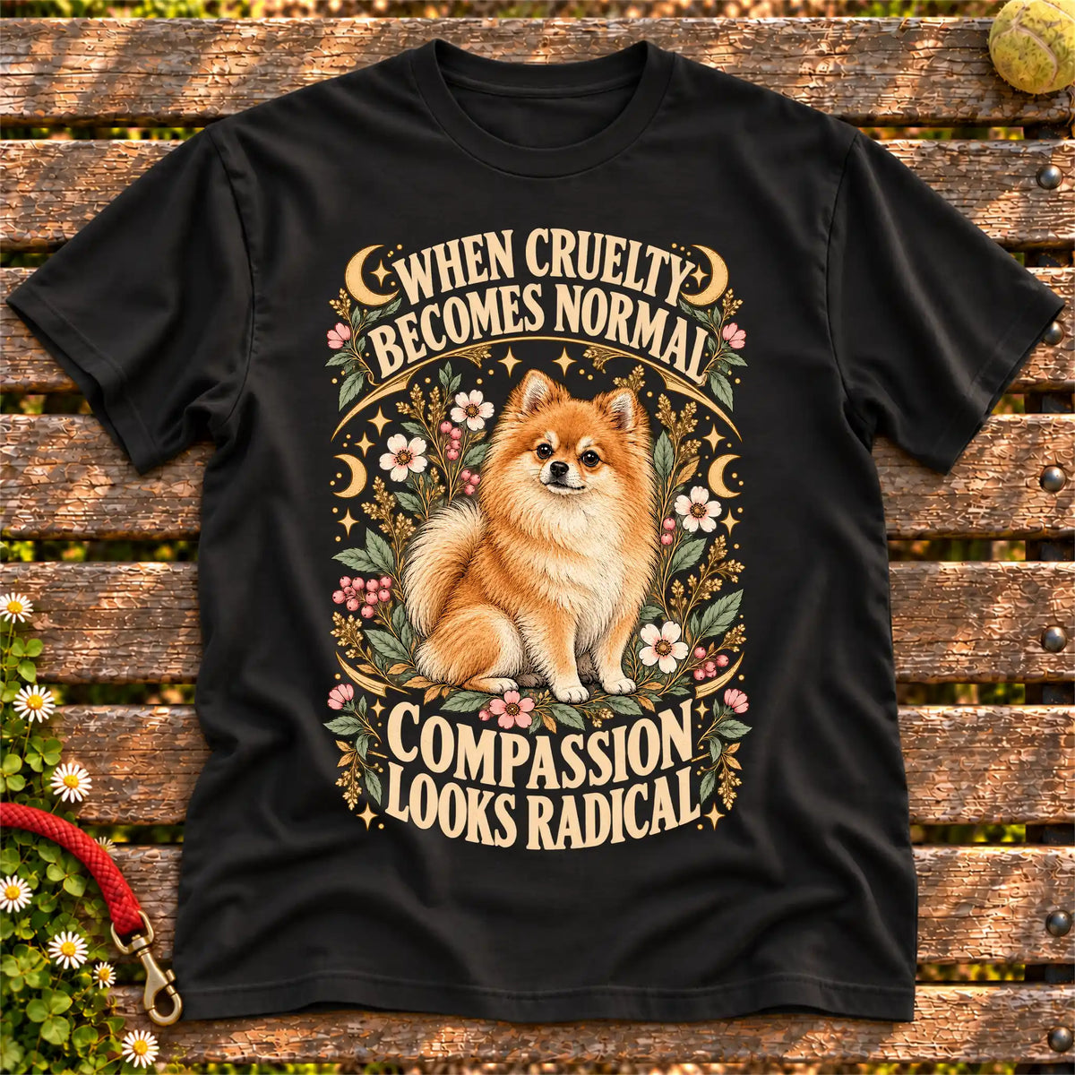 Compassion Looks Radical Pomeranian design on a Black Gildan T-shirt