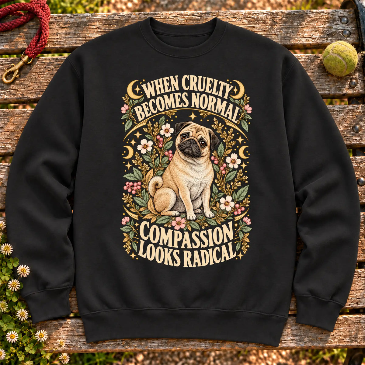 Compassion Looks Radical Pug design on a Black Gildan sweatshirt