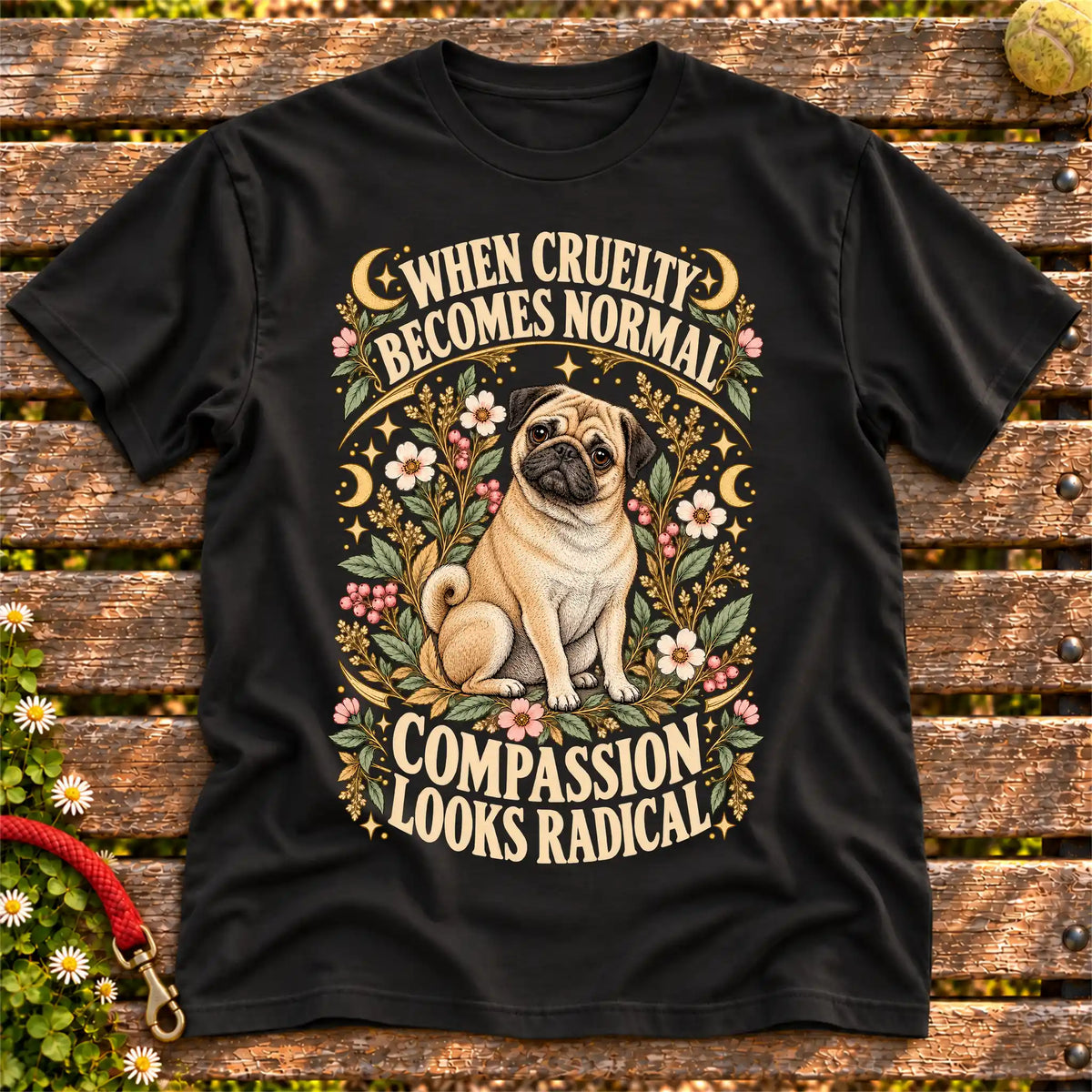 Compassion Looks Radical Pug design on a Black Gildan T-shirt