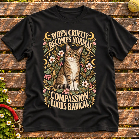 Compassion Looks Radical Rescue Cat design on a Black Gildan T-shirt