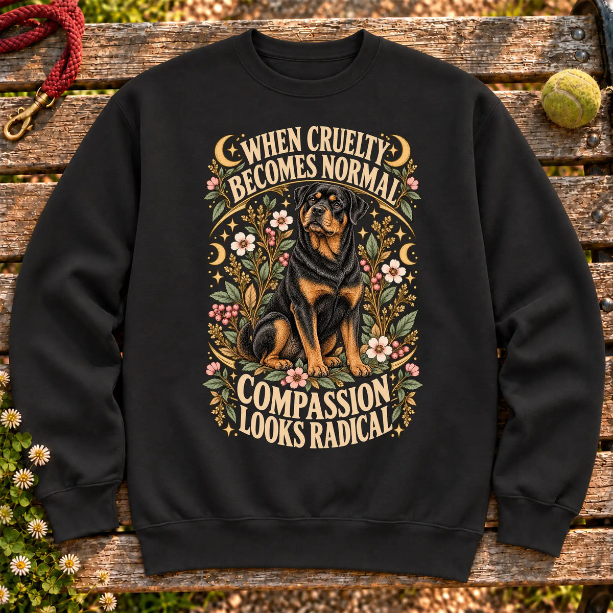 Compassion Looks Radical Rottweiler design on a Black Gildan sweatshirt