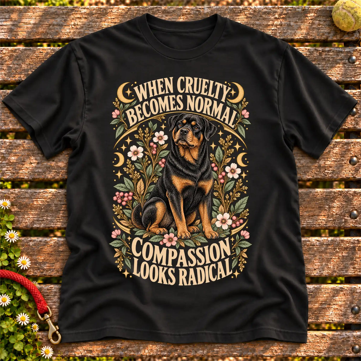 Compassion Looks Radical Rottweiler design on a Black Gildan T-shirt