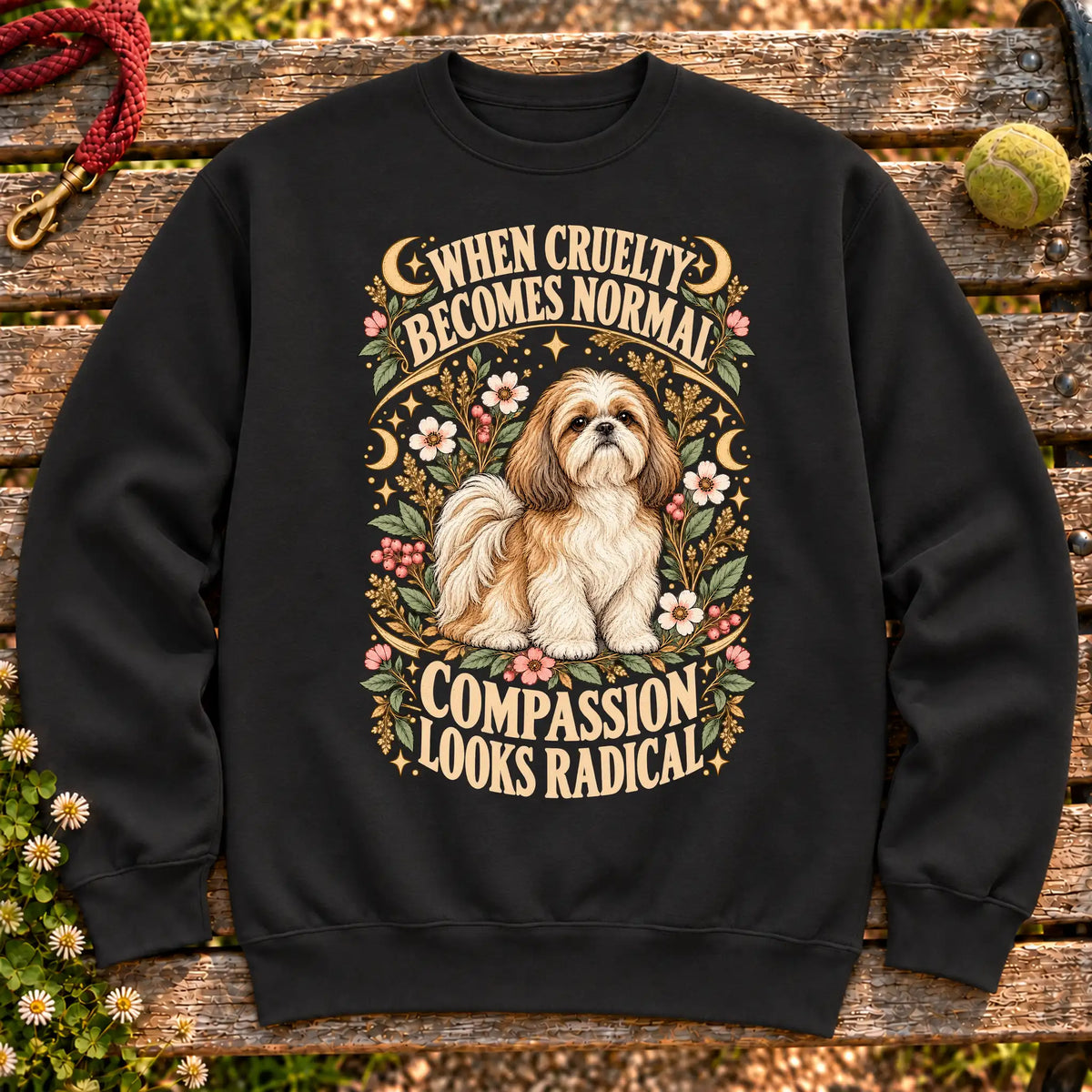 Compassion Looks Radical Shih Tzu design on a Black Gildan sweatshirt