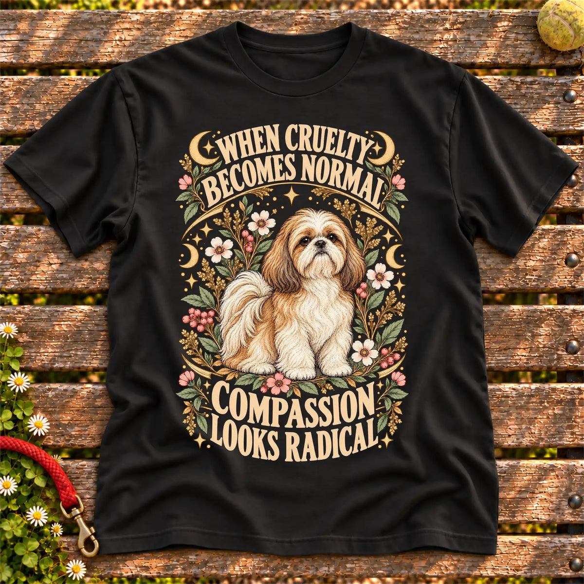 Compassion Looks Radical Shih Tzu design on a Black Gildan T-shirt