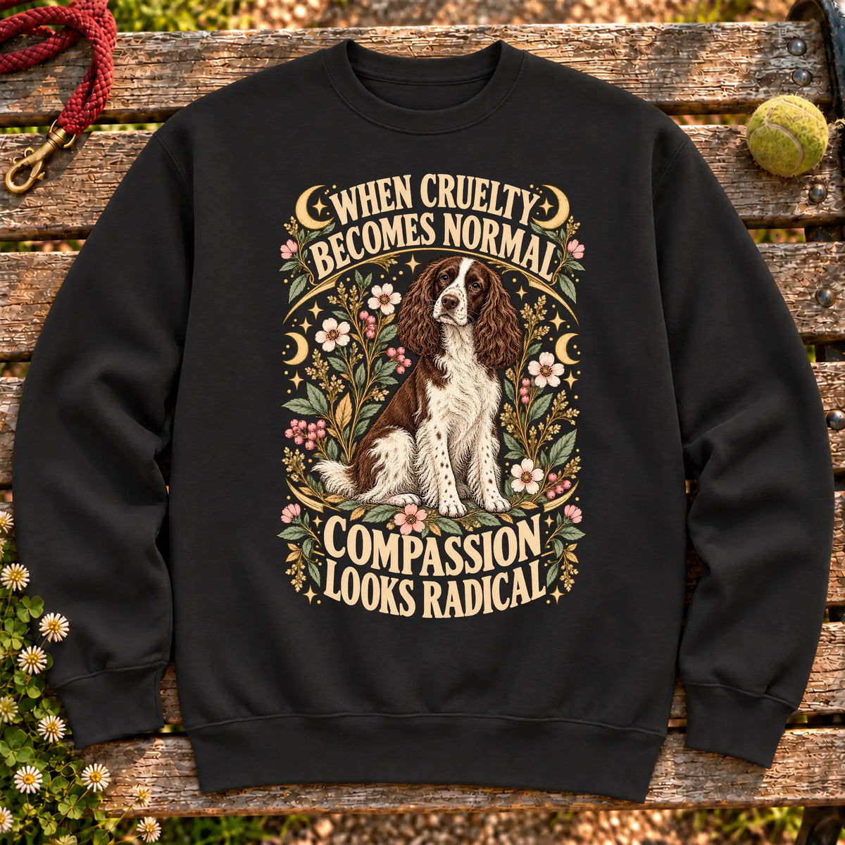 Compassion Looks Radical Springer Spaniel design on a Black Gildan sweatshirt