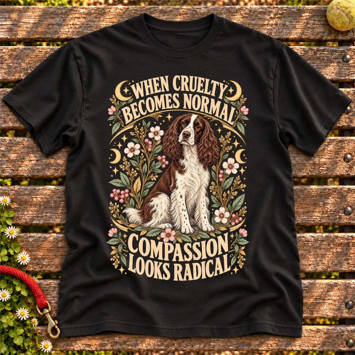 Compassion Looks Radical Springer Spaniel design on a Black Gildan T-shirt