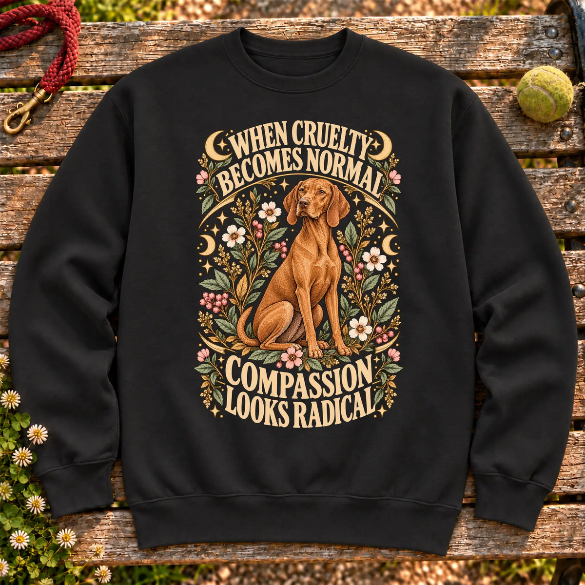 Compassion Looks Radical Vizsla design on a Black Gildan sweatshirt