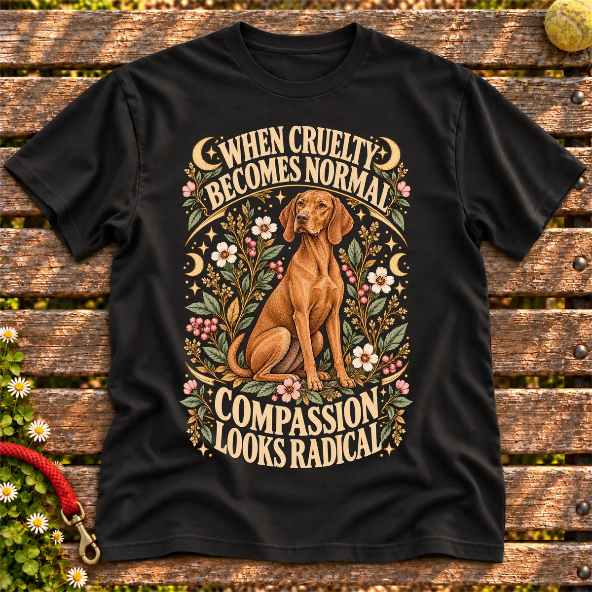 Compassion Looks Radical Vizsla design on a Black Gildan T-shirt