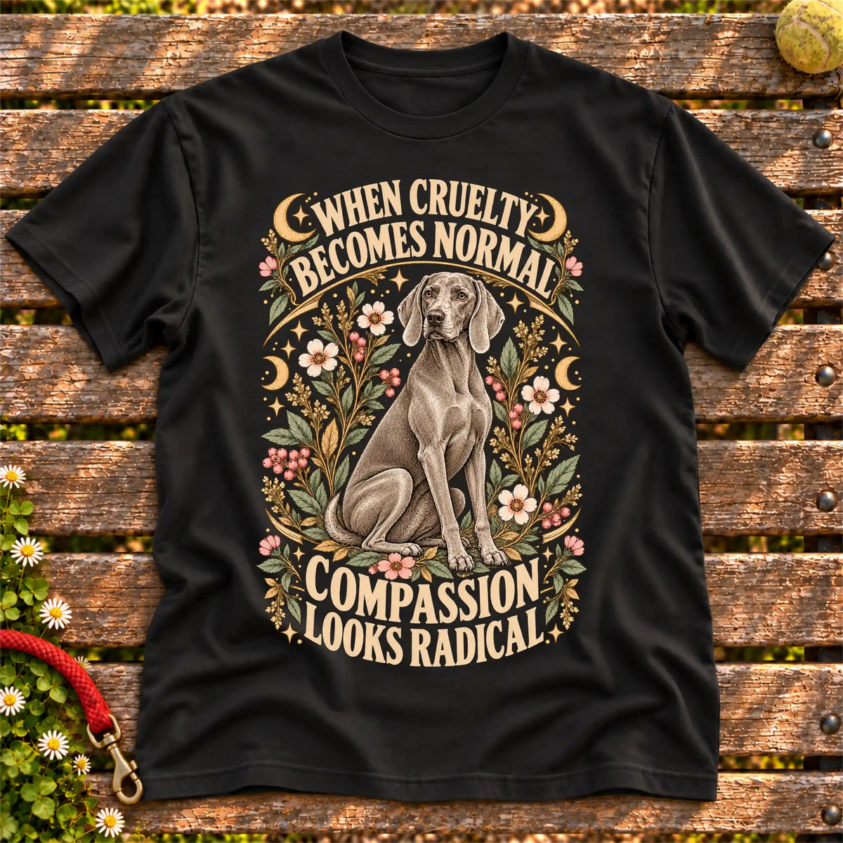 Compassion Looks Radical Weimaraner design on a Black Gildan T-shirt