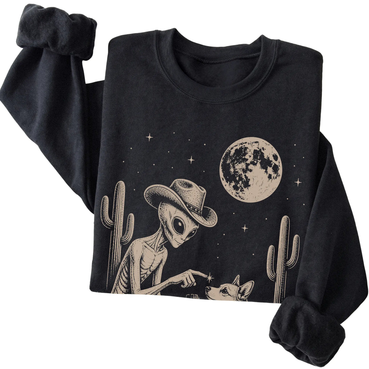 Black crewneck sweatshirt featuring Corgi Cowboy and Alien, folded presentation