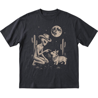 Black T-shirt featuring Corgi Cowboy and Alien, laid-flat presentation