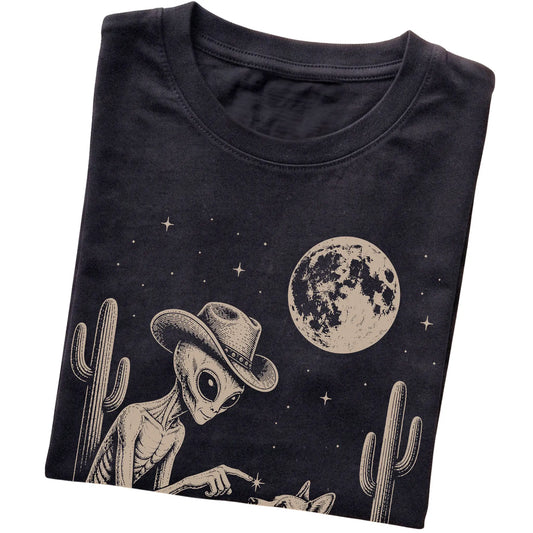 Black T-shirt featuring Corgi Cowboy and Alien, folded presentation