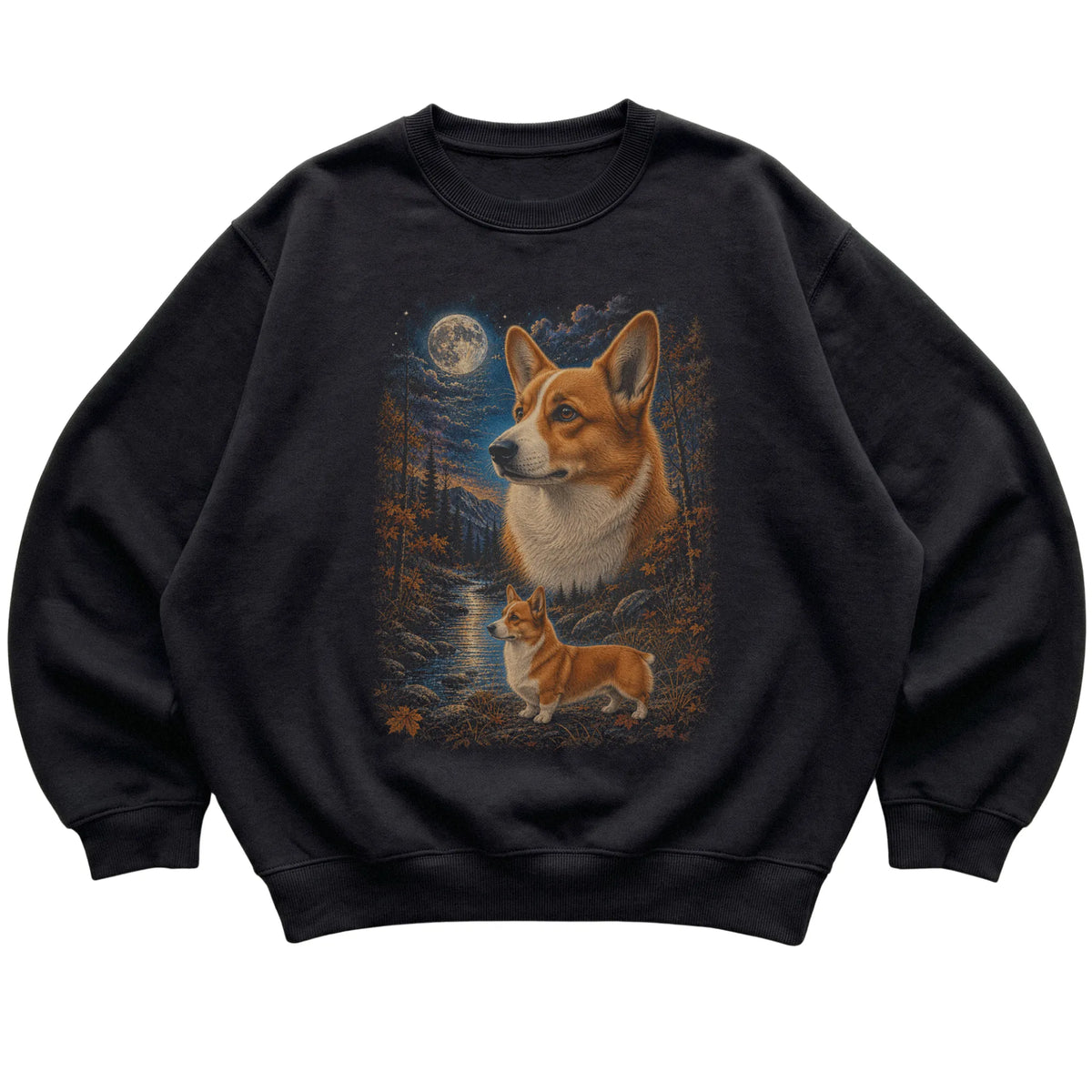 black sweatshirt with Corgi Autumn Moon artwork.