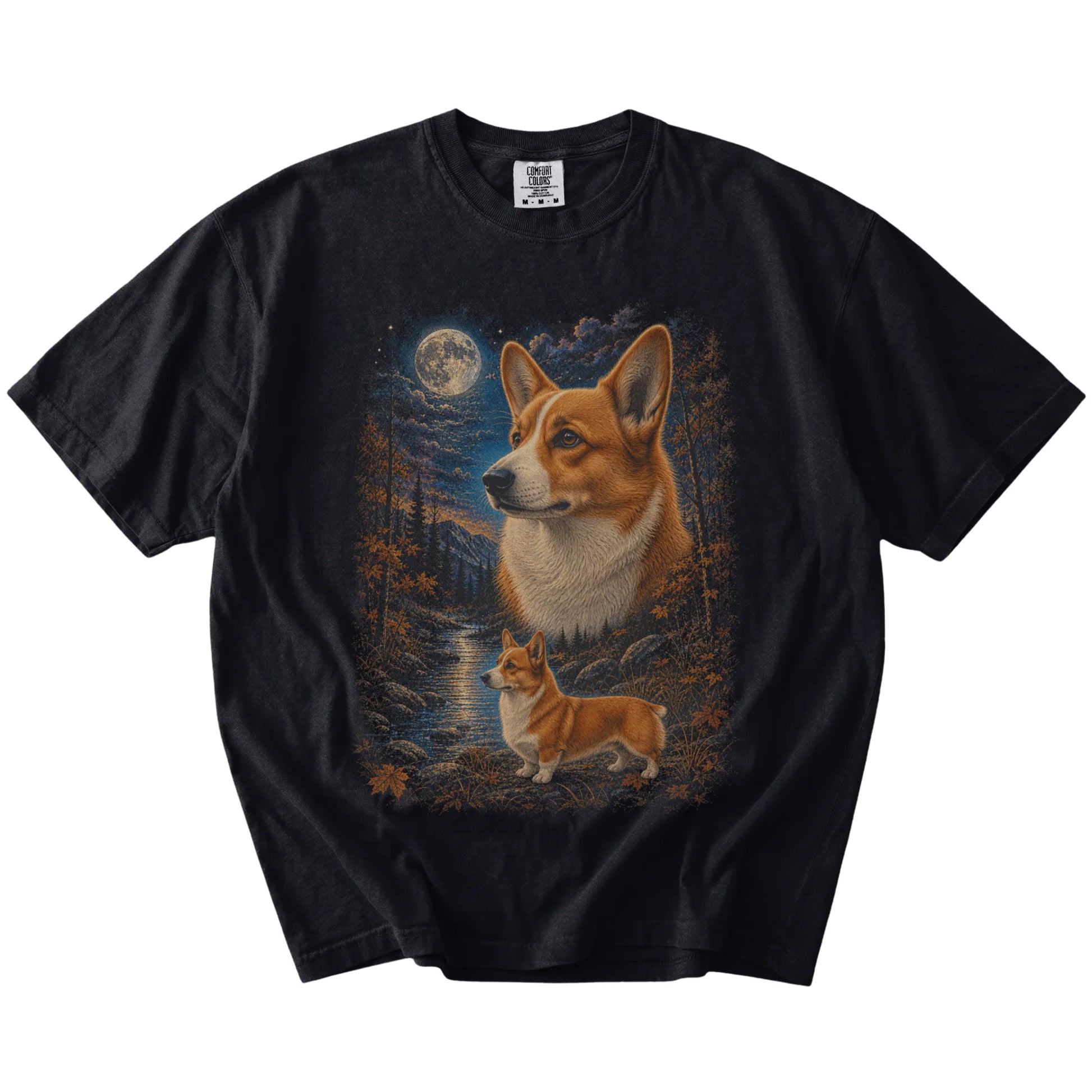 Corgi in a moonlit fall forest scene on a Black Comfort Colors® t-shirt
