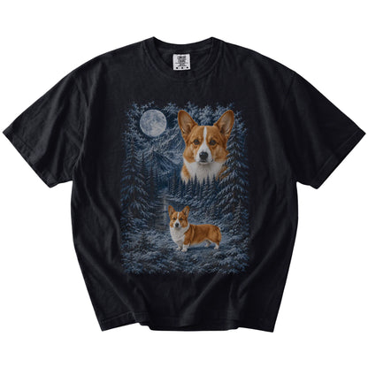 Corgi in a snowy winter forest on a Black t-shirt