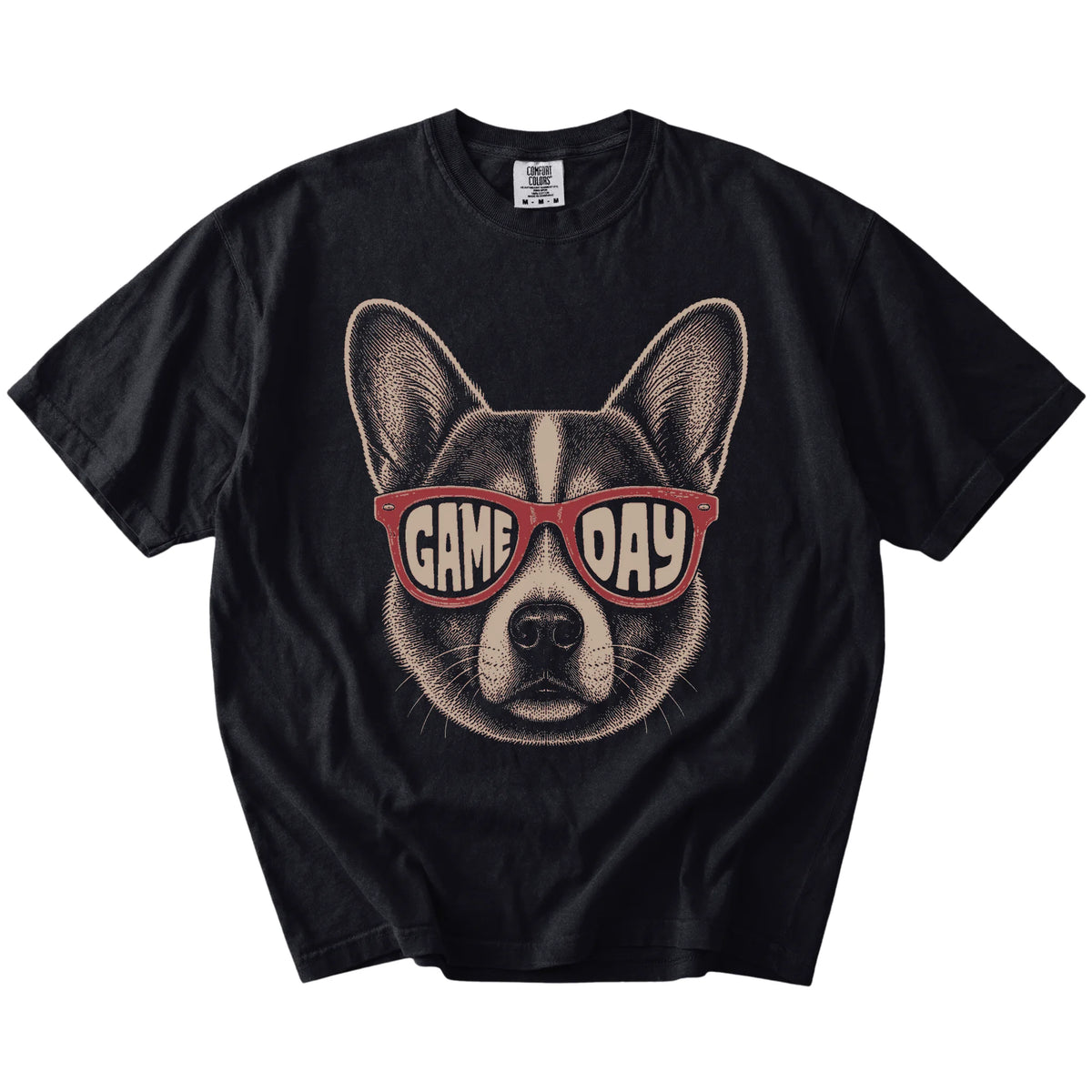 Corgi wearing red Game Day sunglasses on a Black Comfort Colors® T-shirt