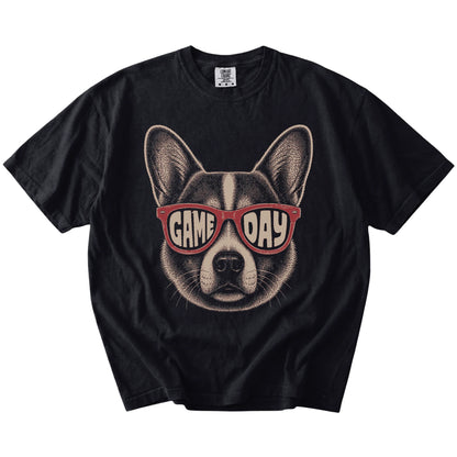 Corgi wearing red Game Day sunglasses on a Black Comfort Colors® T-shirt