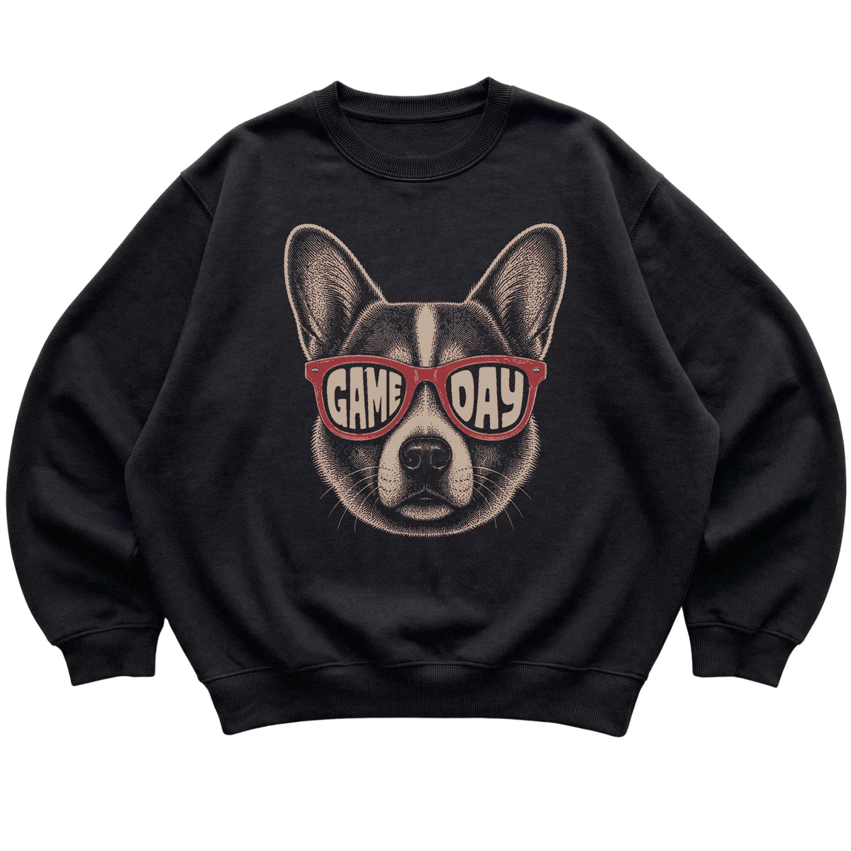 Black Corgi Game Day Sunglasses sweatshirt, laid flat