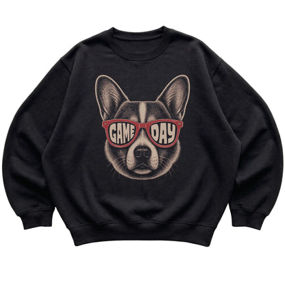 Black Corgi Game Day Sunglasses sweatshirt, laid flat