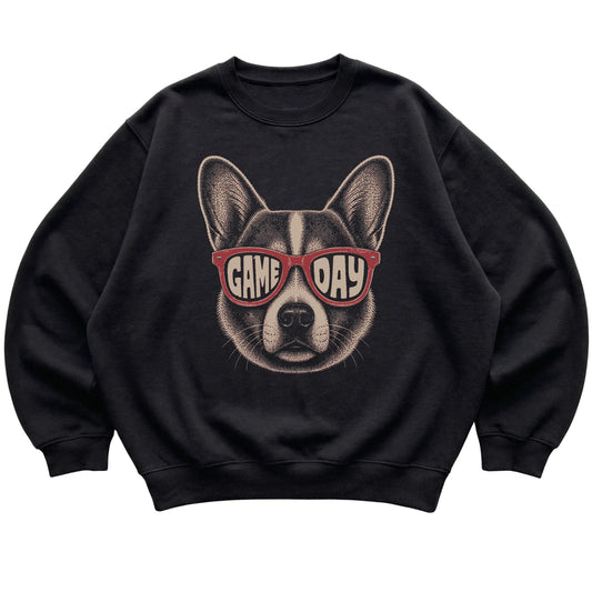 Black Corgi Game Day Sunglasses sweatshirt, laid flat