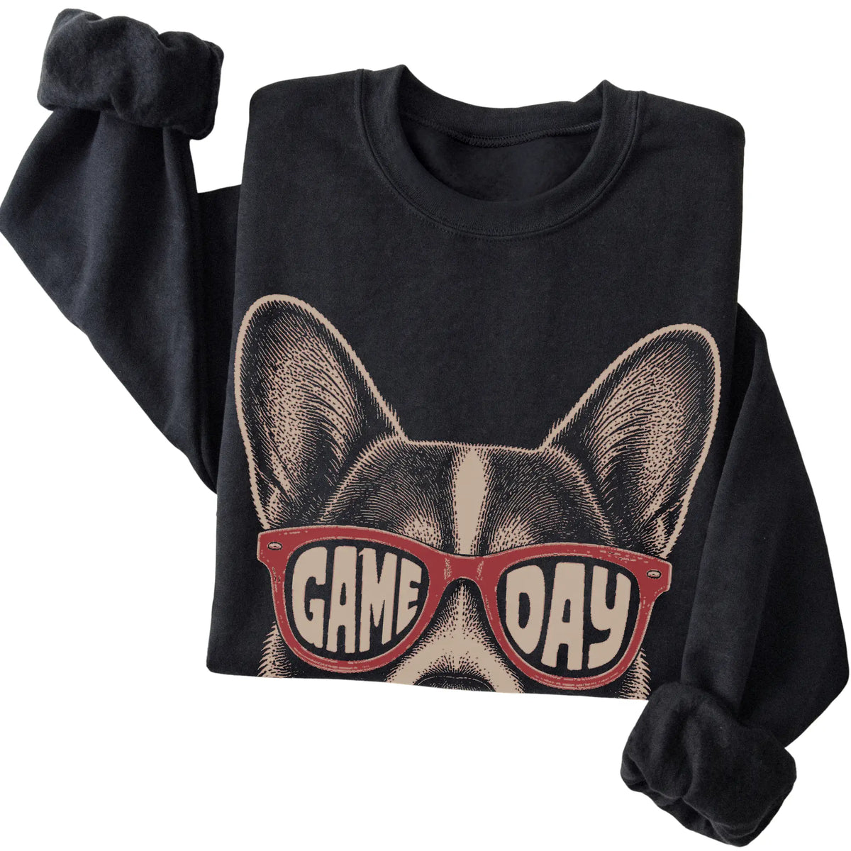 Black Corgi Game Day Sunglasses sweatshirt, folded