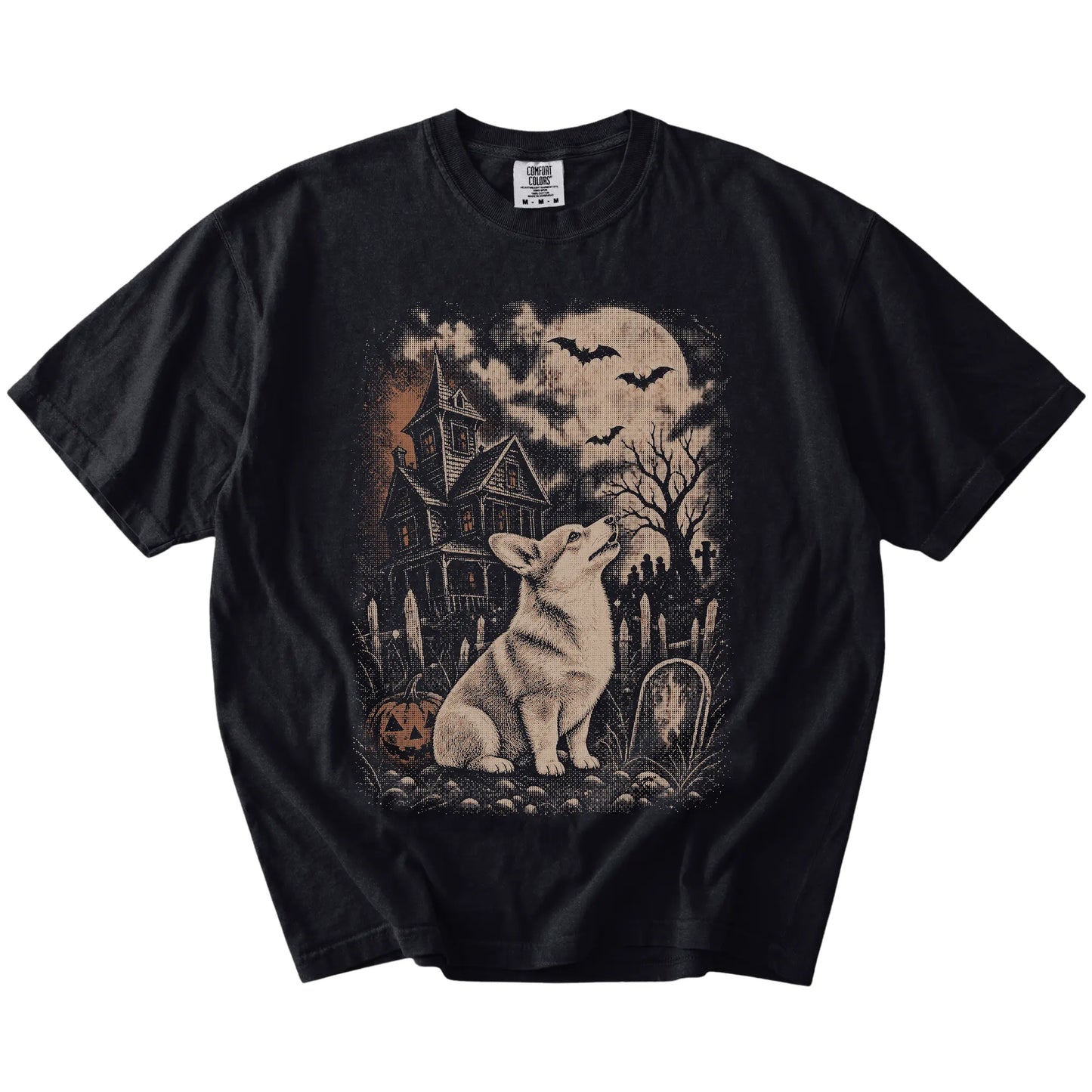 Corgi in a vintage haunted-house scene on a Black Comfort Colors® T-shirt